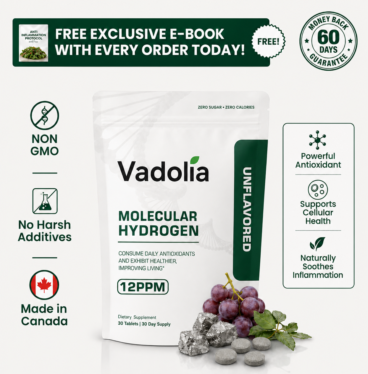 Vadolia Molecular Hydrogen Tablets (12 PPM Verified) | Premium Daily Hydrogen Formula